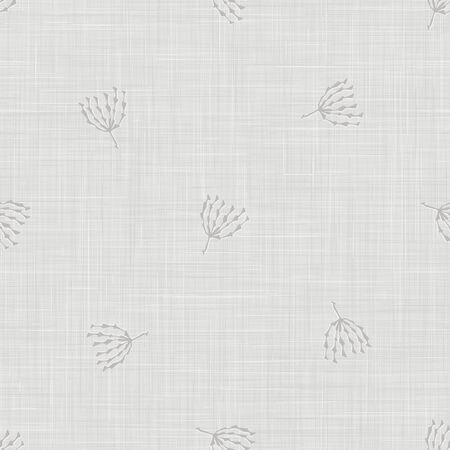Natural grey french woven linen texture background. Vintage printed leaf motif seamless pattern. Organic yarn close up weave fabric wallpaper. Ecru worn gray rough canvas cloth effect all over printのイラスト素材