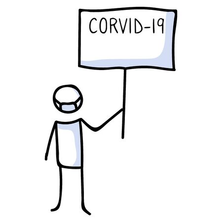 Corona virus covid 19 stickman explainer infographic with sign. Viral spread news broadcast alert. Educational graphic design clipart. Icon set in color and black white. Vector flu safety awareness.のイラスト素材