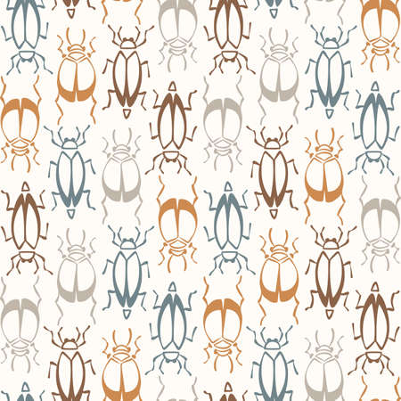 Seamless background beetle bug gender neutral baby pattern. Simple whimsical minimal earthy 2 tone color. Kids nursery wallpaper or boho insect animal fashion all over print.のイラスト素材
