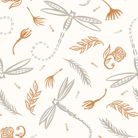 Seamless background dragonfly gender neutral baby pattern. Simple whimsical minimal earthy 2 tone color. Kids nursery wallpaper or boho insect animal fashion all over print.のイラスト素材