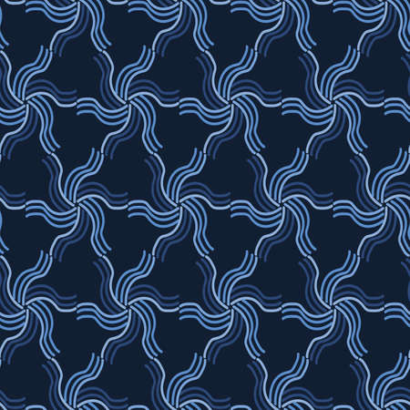 Indigo blue doodle shapes seamless pattern. Sketchy geometric vector background. Modern dark navy striped wallpaper graphic design. Hand drawn quirky all over print. Masculine home deco textile swatchのイラスト素材