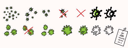 Picture set of corona virus icon image. Fight viral spread quarantine covid 19 element. Educational hand drawn graphic design clipart in color. Social media safety caution awareness.のイラスト素材