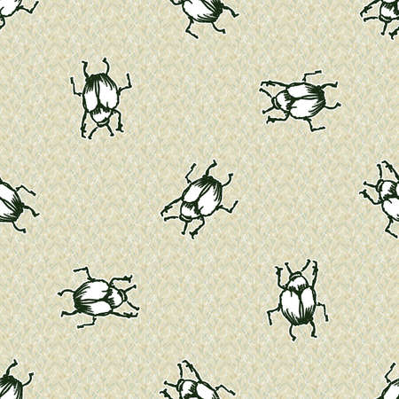 Hand drawn giant fruit beetle realistic cartoon vector pattern. Cute garden pest bug. Athropod naive doodle of winged biological insect on grass background. Wildlife all over print.の写真素材