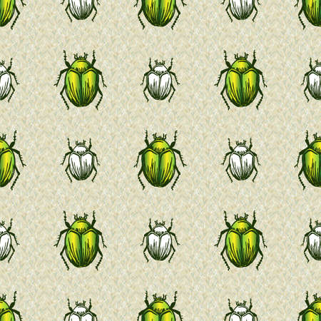 Hand drawn giant fruit bug realistic cartoon vector pattern. Cute garden pest bug. Athropod naive doodle winged green and white beetle biological insect on grass background. Wildlife all over print.の写真素材