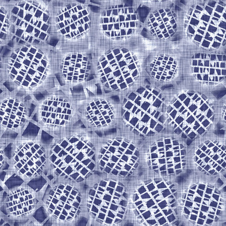 Seamless indigo doodle dot texture. Blue woven boro cotton dyed effect background. Japanese repeat...