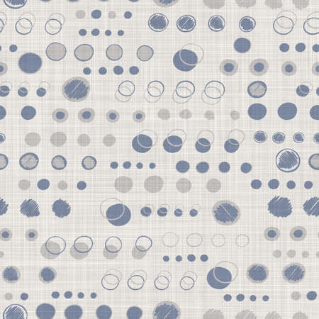 Seamless french farmhouse dotty linen pattern. Provence blue white woven texture. Shabby chic style decorative circle dot fabric background. Textile rustic all over printの写真素材