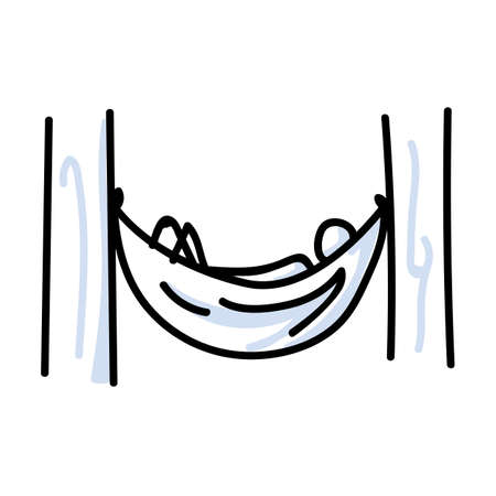 Hand drawn stickman camping sleeping on hammock concept. Simple outdoor vacation doodle icon for staycation, family travel adventure clipart. Simple getaway figure illustration.のイラスト素材