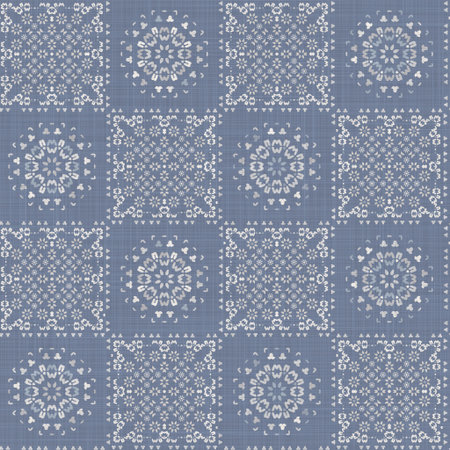 Seamless french farmhouse damask linen pattern. Provence blue white woven texture. Shabby chic style...