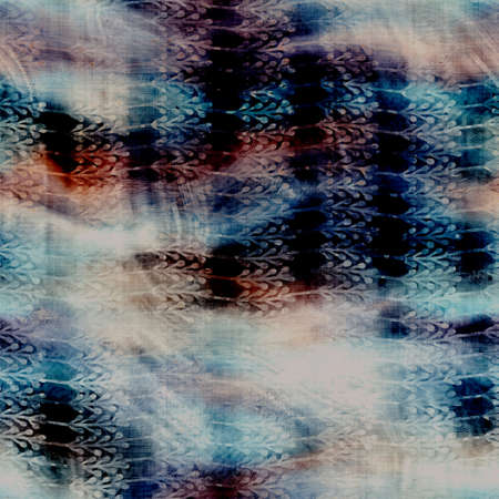 Blurry watercolor glitch creative foliage texture background. Irregular bleeding tie dye seamless pattern. Ombre distorted boho batik all over print. Variegated moody dark leaf wet effect.の写真素材