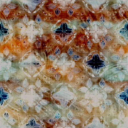 Blurry watercolor glitch artistic damask texture background. Irregular bleeding tie dye seamless pattern. Ombre distorted boho batik all over print. Variegated ornate moody dark wet effect.の写真素材