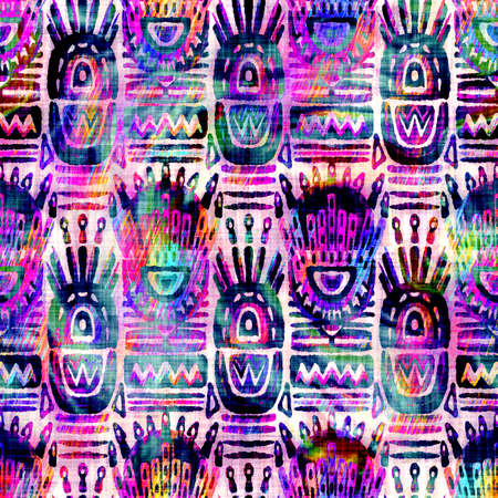 Blurry watercolor glitch artistic motif texture background. Irregular bleeding tie dye seamless pattern. Ombre distorted boho batik all over print. Variegated trendy moody dark batik wet effect.の写真素材