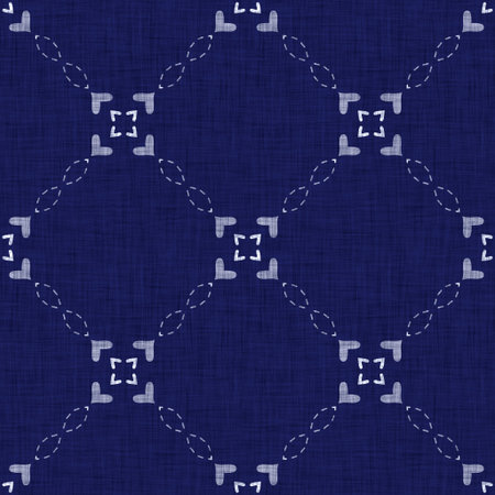 Seamless indigo block print texture. Navy blue woven cotton dyed effect background. Japanese repeat...