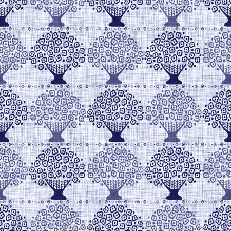 Indigo blue flower block print dyed linen texture background. Seamless woven japanese repeat batik pattern swatch. Floral organic distressed blur block print all over textile.の写真素材