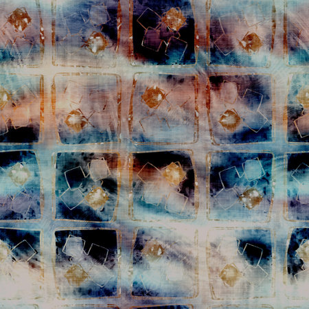 Blurry watercolor glitch artistic geo texture background. Irregular bleeding tie dye seamless pattern. Ombre distorted boho batik all over print. Variegated trendy moody dark wet effect.の写真素材