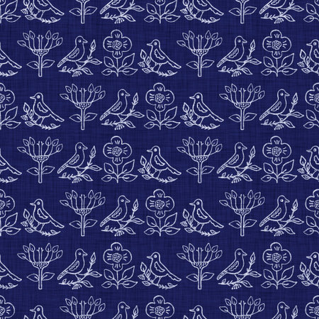 Indigo blue flower block print dyed linen texture background. Seamless woven japanese repeat batik...