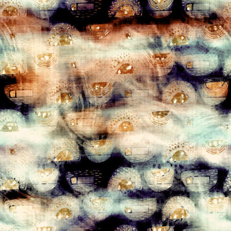 Blurry watercolor glitch artistic geo texture background. Irregular bleeding tie dye seamless pattern. Ombre distorted boho batik all over print. Variegated trendy moody dark wet effect.の写真素材