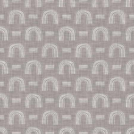 French woven linen texture geometric shape background. Old ecru flax grey geo motif seamless pattern. Rough greige block print cloth textured canvasの写真素材