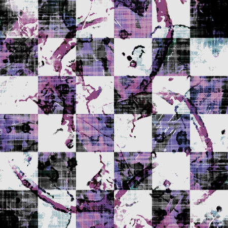 Seamless modern boho tie dye check print. Grunge watercolor texture square grid geometric background. Worn mottled washed out pattern textile fabric. Painterly blur linen all over print .の写真素材