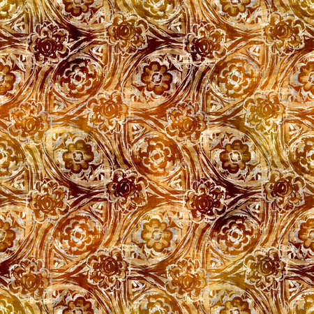 Seamless modern sepia brown flower blockprint print. Grunge watercolor texture floral background. Worn mottled washed out pattern textile fabric. Painterly blur linen fall all over printの写真素材