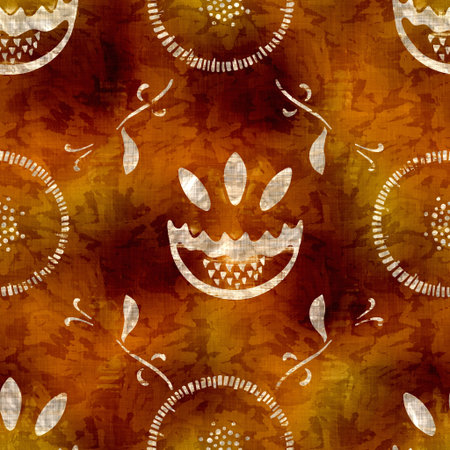 Seamless modern sepia brown flower blockprint print. Grunge  texture floral background. Worn mottled...