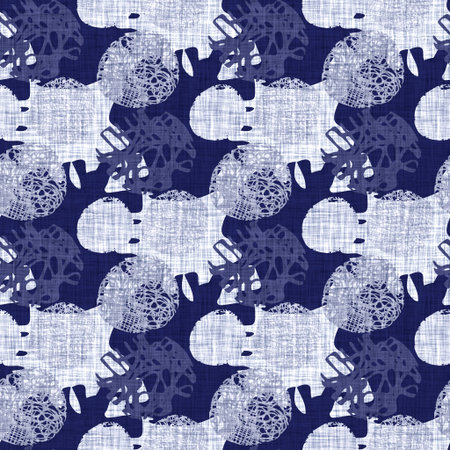 Seamless indigo block print texture. Navy blue woven cotton dyed effect background. Japanese repeat...