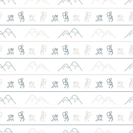 Seamless background stick figures hiking with dog gender neutral pattern. Whimsical minimal earthy 2...