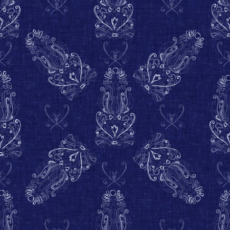 Seamless indigo damask texture. Navy blue woven ornate cotton dyed effect background. Japanese...
