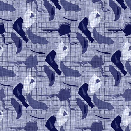 Seamless indigo block print texture. Navy blue woven cotton dyed effect background. Japanese repeat batik resist motif pattern. Asian fusion all over textile blur cloth print.の写真素材