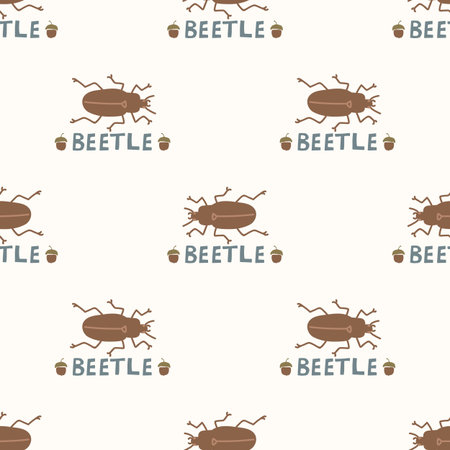 Seamless background beetle insect with text gender neutral pattern. Whimsical minimal earthy 2 tone color. kids nursery wallpaper or boho cartoon bug fashion all over print.のイラスト素材
