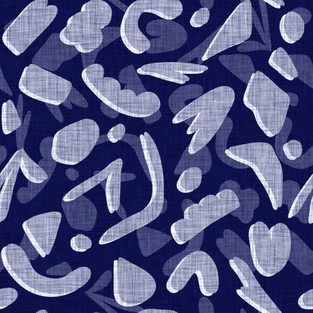 Seamless indigo block print texture. Navy blue woven cotton dyed effect background. Japanese repeat batik resist motif pattern. Asian fusion all over textile blur cloth print.の写真素材