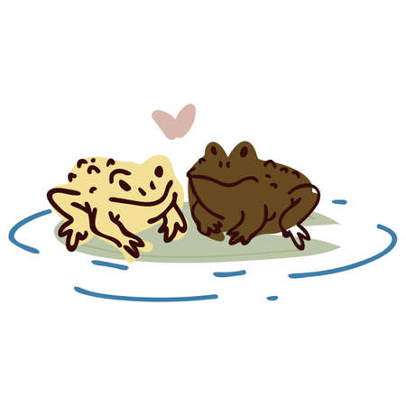 Cute cartoon frog lovers on pond lily pad lineart vector illustration. Simple amphibian sticker clipart. Kids lake wildlife hand drawn kawaii toad.のイラスト素材