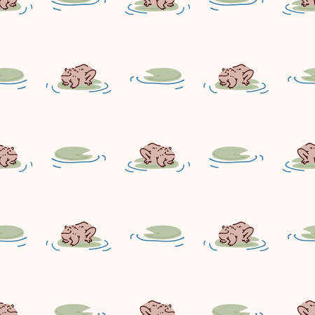 Cute frog with lily vector pattern. Wildlife pond amphibian home decor with cartoon lake toad. Seamless croaking fauna all over print.のイラスト素材