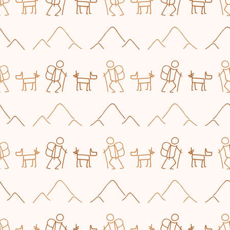 Seamless background stick figure and dog hiking neutral pattern. Whimsical minimal earthy 2 tone color. kids nursery wallpaper or boho cartoon camping fashion all over print.のイラスト素材