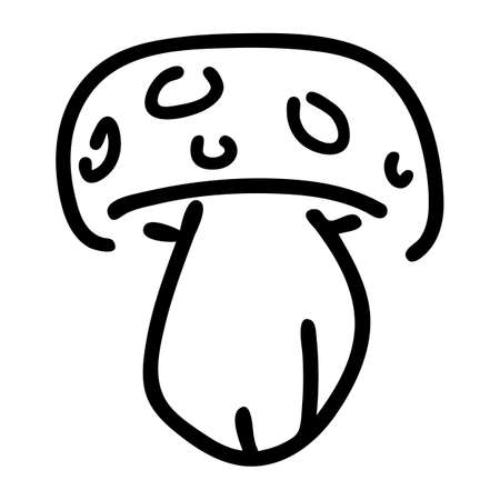 Cute cartoon toadstool mushroom monochrome lineart vector illustration. Simple fly agaric sticker clipart. Kids poisonous fungi hand drawn kawaii mycology.のイラスト素材