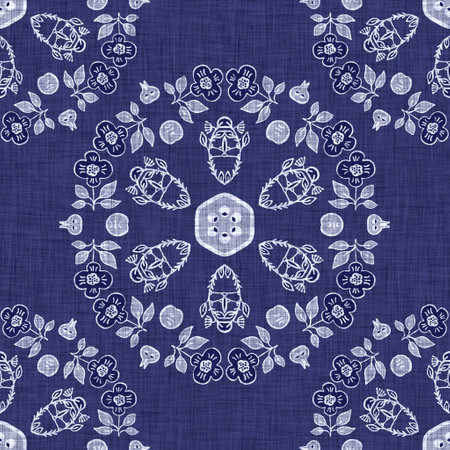 Indigo blue flower block print dyed linen texture background. Seamless woven japanese repeat batik pattern swatch. Floral organic distressed blur block print all over textile.の写真素材