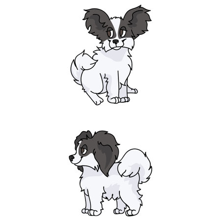 Cute cartoon papillon puppy breed vector clipart. Pedigree kennel doggie breed for dog lovers. Purebred domestic dog for pet parlor illustration mascot. Isolated canine fluffy.のイラスト素材