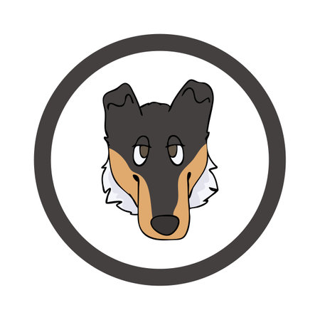 Cute cartoon Smooth Collie face in circle dog vector clipart. Pedigree kennel doggie breed for kennel club. Purebred domestic dog training for pet parlor. Illustration mascot. Isolated canine.のイラスト素材