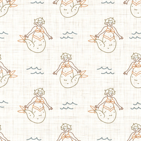 Seamless background sitting mermaid gender neutral baby pattern. Simple whimsical minimal earthy color. Kids nursery wallpaper or boho cartoon animal fashion.の写真素材