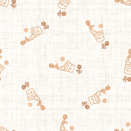 Seamless background fallen flower pot gender neutral pattern. Whimsical minimal earthy 2 tone color. kids nursery wallpaper or boho cartoon insect fashion all over print.の写真素材