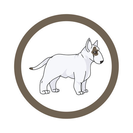 Cute cartoon Bull Terrier in circle dog vector clipart. Pedigree kennel doggie breed for kennel club. Purebred domestic dog training for pet parlor. Illustration mascot. Isolated canine.のイラスト素材