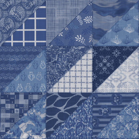 Denim western blue patchwork triangle woven texture. Indigo vintage wash printed cotton textile...