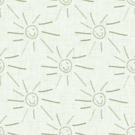 Cute green sun scribble kids doodle background. Hand drawn whimsical motif seamless pattern. Naive...