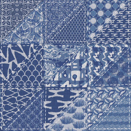 Denim western blue patchwork triangle woven texture. Indigo vintage wash printed cotton textile...