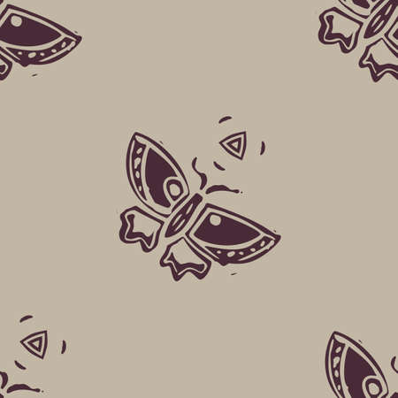 Handmade carved block butterfly insect print seamless pattern. Rustic folk silhouette illustration background. Scandi or Insian style illustration. Ethnic textiles, primitive fashion all over design.のイラスト素材