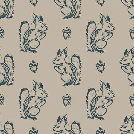 Handmade carved block squirrel print seamless pattern .Folk silhouette illustration background. Modern Indian style decorative illustration . Ethnic textiles, primitive fashion all over design.のイラスト素材