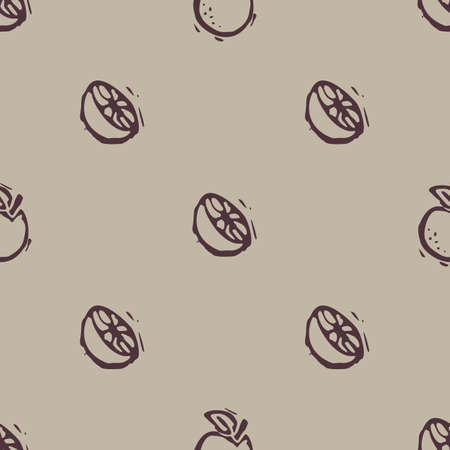 Handmade carved garden orange fruit block print seamless pattern. Rustic heritage folk art background. Scandi or ethnic indian lino cut design. Naive organic neutral tone primitive all over texture.のイラスト素材