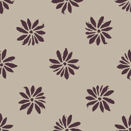 Handmade carved block print flower seamless pattern. Rustic heritage folk art background. Scandi or ethnic indian design. Naive neutral tone all over texture.のイラスト素材