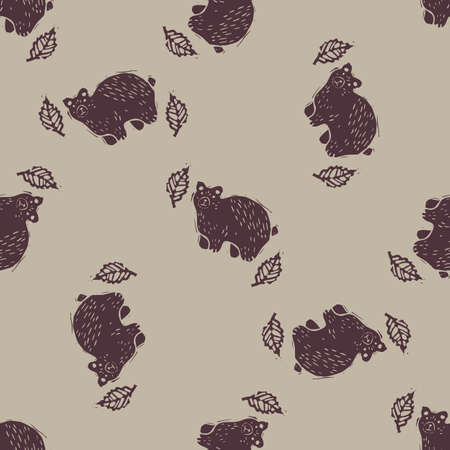 Handmade carved block print bear seamless pattern. Rustic heritage folk art background. Scandi or ethnic indian design. Naive neutral tone all over texture.のイラスト素材