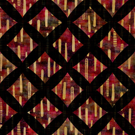 Seamless dark check mosaic block print background. Boho ethnic soft furnishing fabric style. Tie dye...