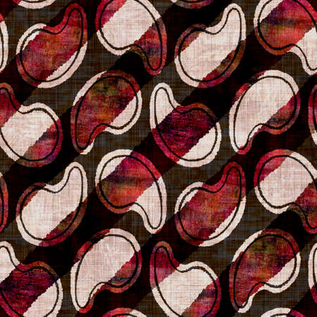 Seamless dark paisley block print background. Boho ethnic soft furnishing fabric style. Tie dye decorative ogee motif pattern textile. Grunge winter blur raster jpg swatch all over print.の写真素材